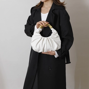 White ruched cloud handbag with chic gold metal U-shaped handle for women