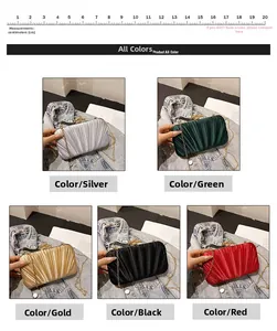 Pleated evening bags in multiple colors featuring gold chain straps and bird-shaped clasps
