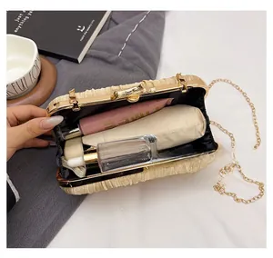 Pleated evening bag interior showing capacity for cosmetics and metallic gold frame