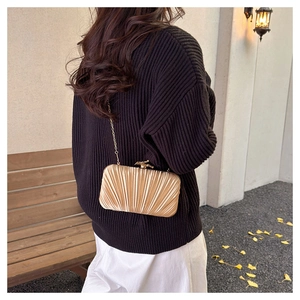 Detail of champagne gold pleated clutch bag with bird buckle worn by a model