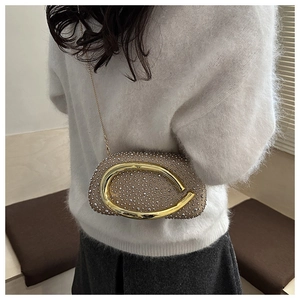 Nahaufnahme der champagnerfarbenen Abendtasche mit Strass und goldener C-Hardware
