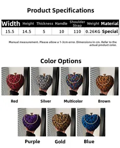 Detailed size chart and multi-color options for the sequined heart evening clutch bag
