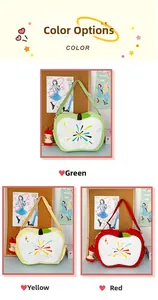 Detailed grid of apple-shaped shoulder bags in green, yellow, and red canvas fabric