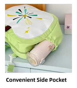 Close-up of elastic side pocket on apple-green backpack holding a pink water bottle