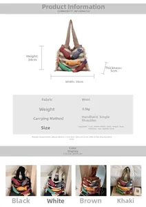 Detailed infographic showing woven tote dimensions and colorful fish tassel decor