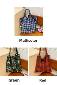 Three oversized tote bags in colorful plaid, green leopard, and red check wool patterns