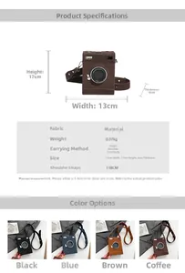 Detailed size specifications for a retro camera-shaped crossbody bag with texture details