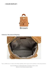 Detail eines süßen braunen Bären-Plüschrucksacks mit gestreiftem Futter und Reißverschluss