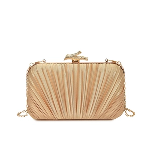 Champagne pleated satin evening clutch bag with elegant golden branch clasp and chain