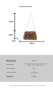 Detailed dimension guide for sequin shoulder bag with strap height and width measurements