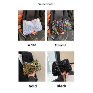 Detail view of sparkly sequin crossbody bags in white, multicolor, gold and black options