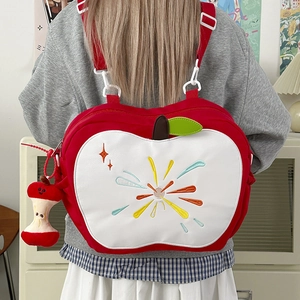 Apple Shaped Crossbody Bag Nylon Embroidery Large Capacity Shoulder Bag With Plush Pendant Cute Mori Style Girl