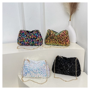 Sequin crossbody bags in colorful, orange gold, white, and black with chain straps