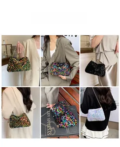 Multi-angle view of model wearing sequined crossbody bags with gold chain straps