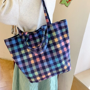 Women Shoulder Bucket Bag Woolen Large Capacity Plaid Color Block Casual Travel Korean Style Retro Handbag