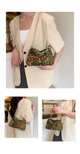Detailed views of a glittering sequin evening bag with elegant golden chain strap