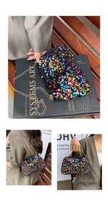 Close-up of colorful sequin small square bag with golden chain strap for women
