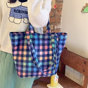 Large capacity colorful checkered plaid wool shoulder bucket bag for women