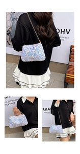 Detailed view of iridescent blue-purple sequins and golden chain on a mini crossbody bag