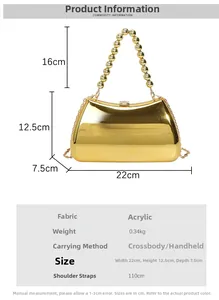 Detailed size chart for acrylic evening clutch with dimensions and handle specifications