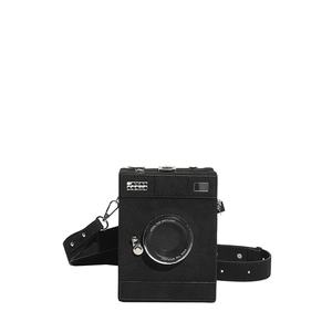 Creative camera-shaped crossbody bag in black retro style with wide shoulder strap