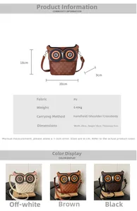 Detailed size chart and multi-color comparison of cute owl-shaped crossbody bucket bags