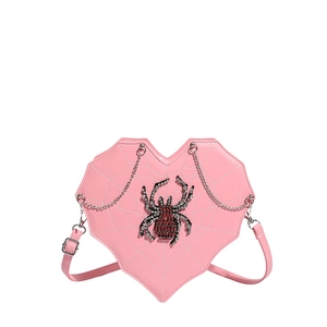 Pink heart-shaped shoulder bag with spider web stitching and rhinestone spider decor