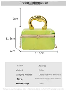Detail of emerald marble acrylic clutch bag showing precise dimensions and gold handle