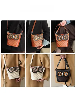 Detailed views of creative owl-shaped crossbody bag in brown, white and black colors