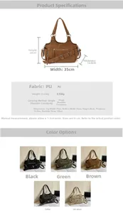 Detailed dimension chart and specifications for vintage large capacity brown PU tote bag