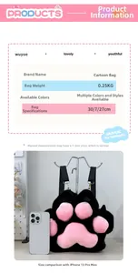 Size comparison of plush cat paw backpack with dimensions and phone for scale