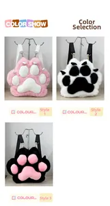 Detailed color options of the plush cat paw backpack featuring three soft fur colorways