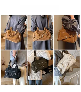Detailed views of multi-color rivet motorcycle bags styled with various casual outfits