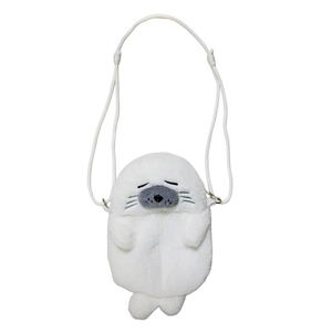 Cute white plush seal crossbody bag with cartoon dolphin design and thin shoulder strap