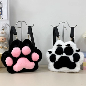 Detailed view of plush cat paw backpack featuring soft fur texture and metal hooks