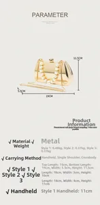 Detaillierte Größenparameter der goldenen Abendtasche aus Metall mit Perlengriff und Kette