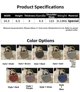 Detailed dimension chart for mini beaded evening bag with crossbody strap and handle
