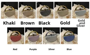 Detail of evening clutch bag with rhinestones, metal handle and chain in nine colors
