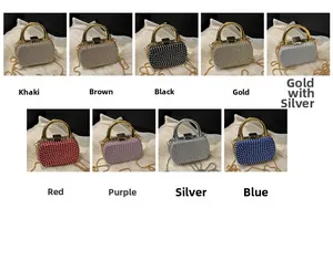 Multi-color grid view of pearl evening bags with metal ring handles and chain straps