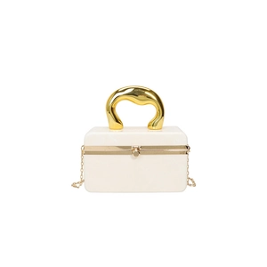 White marble acrylic handbag with gold U-shaped handle and chain strap for evening events