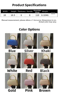 Luxurious rhinestone evening clutch with designer bamboo handle and dimensions details