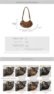 Detailed dimension chart and color guide for a vintage multi-pocket crossbody bag