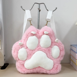 Pink plush cat paw backpack with white paw pads and detachable shoulder strap