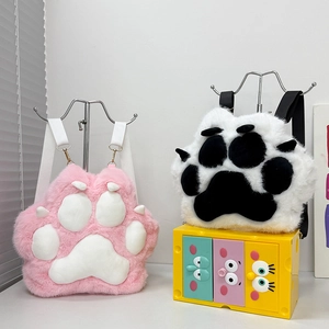 Cute plush 3D cat paw backpacks in pink and black colors for girls' travel fashion
