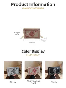 Detailed size specifications and color options for the rhinestone poker card evening bag