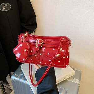 Sac À Épaule Sous Le Bras À Pois Pour Femmes Rétro En Cuir PU Brillant Avec Pendentif Coeur Et Poches Avant Mode Y2K