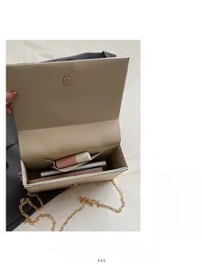 Interior view of small chain bag showing capacity for phone and cosmetics