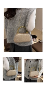 Champagne gold evening bag with rhinestones, bamboo-style handle and chain strap