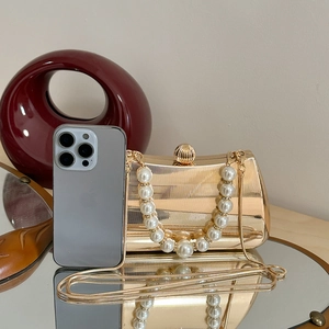 Goldene unregelmäßige Abendtasche mit Perlen Griff und Metall Schulterkette