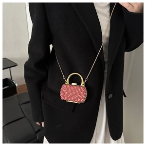 Detail of red rhinestone mini bag with gold handle and chain worn by a model